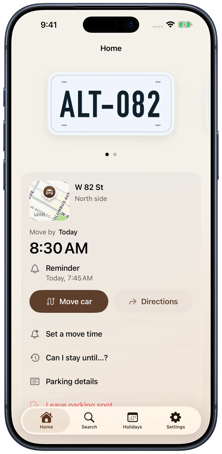 Alternate Home in a complete iPhone frame showing the saved North side of W 82 St, move deadline, actual reminder, and parking actions.
