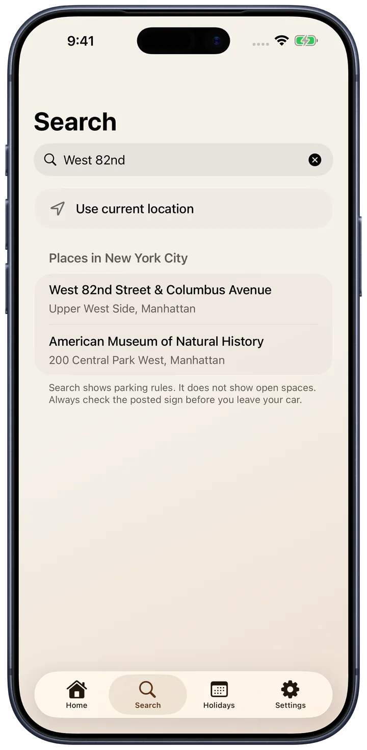 Alternate Search showing NYC address results, Use current location, and the posted-sign caution in a complete iPhone frame.