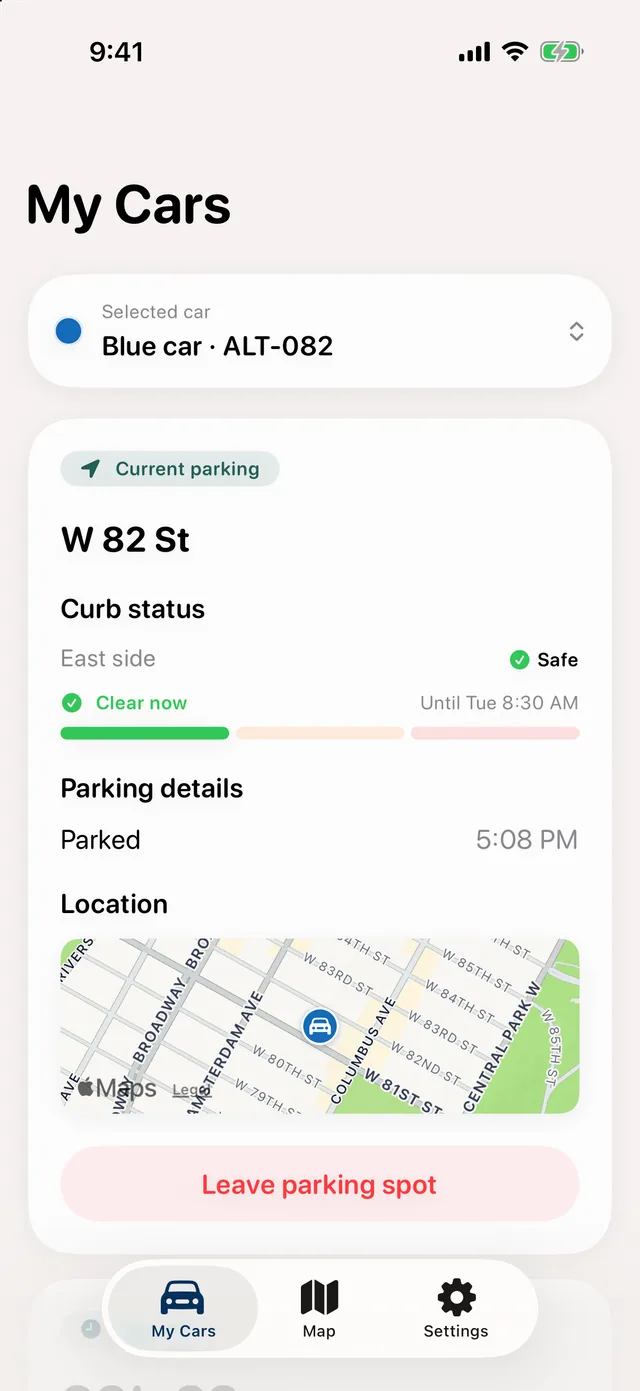 Alternate’s My Cars screen showing an example parked car, its exact street side, the next restriction’s start time, and a location map.