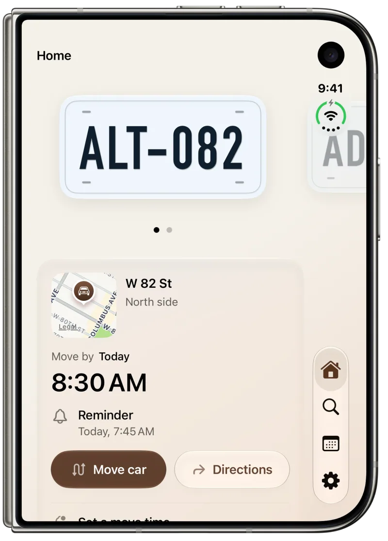 Alternate Home on a closed iPhone Duo, with a plate carousel, a saved street side beside a small map, move time, reminder, and four navigation controls.