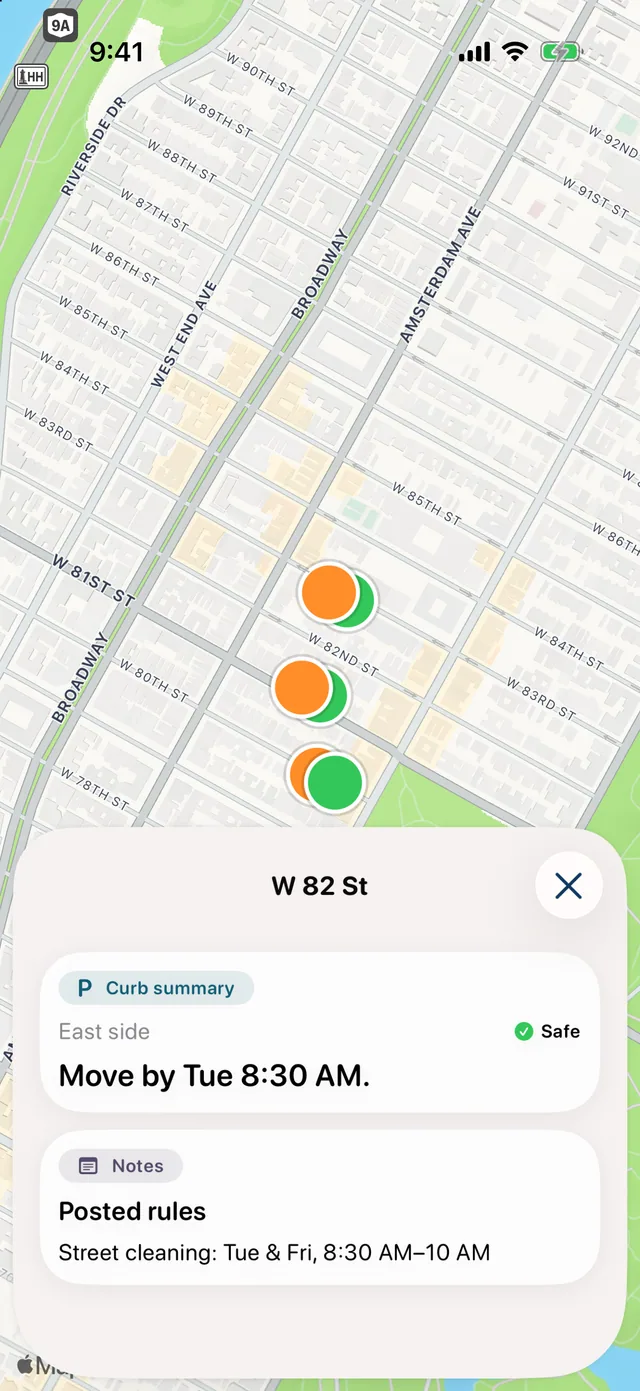 Alternate’s NYC map and posted-rules sheet showing an example street side, move-by time, and street-cleaning schedule.